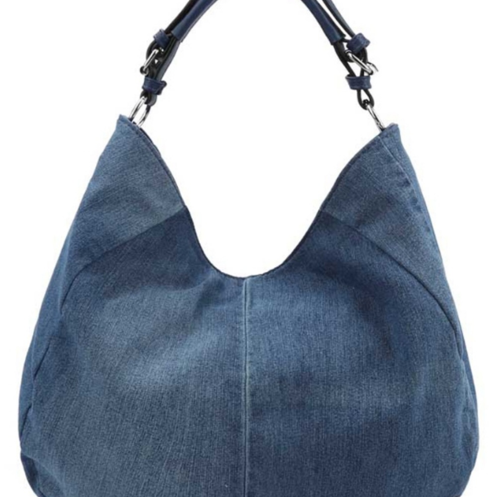 LeMiel Chillx. Medium Denim Hobo Style Handbag 90s Bohemian Silver Foil Accent - Picture 2 of 11